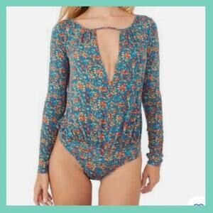 NEW Intimately Free People Kaya Bodysuit $78 Blue Floral Viscose Thong Deep V